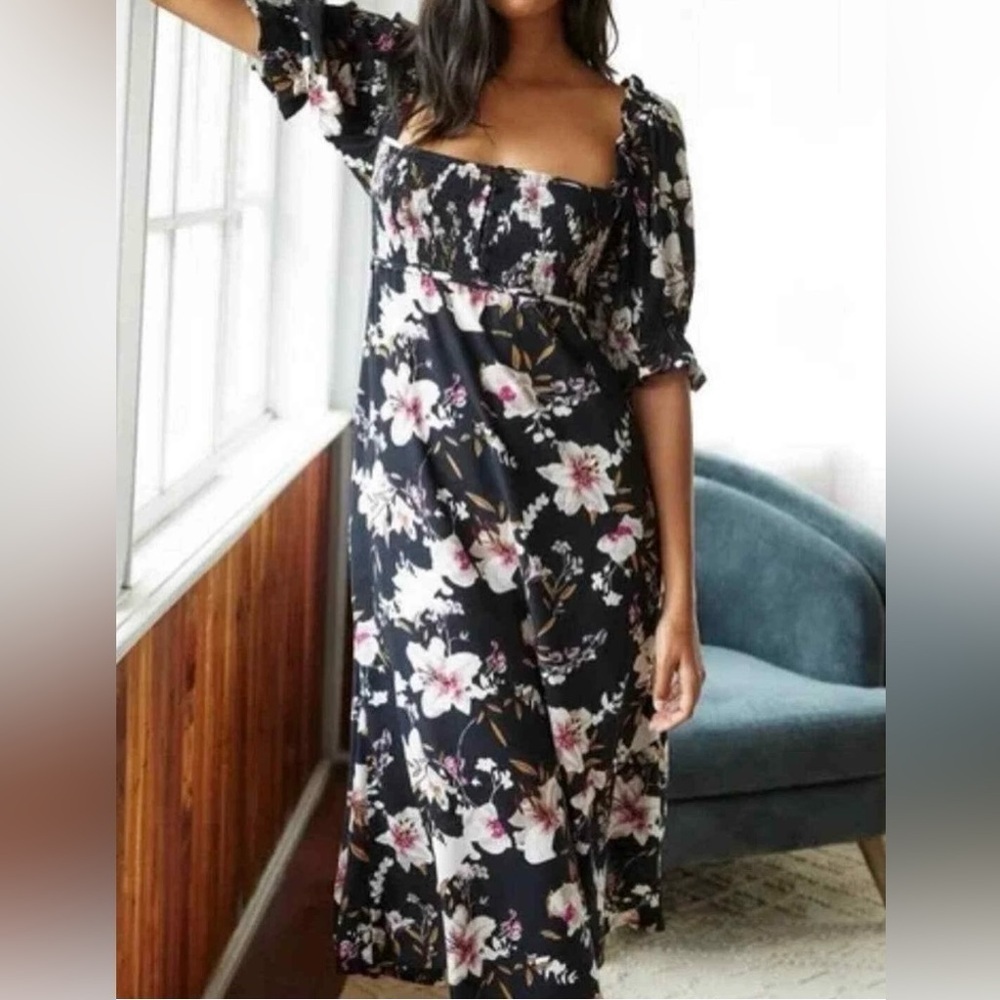 Anthropologie Floral Maxi Dress XL Boho Cottagecore Romantic Black Smocked Squar
